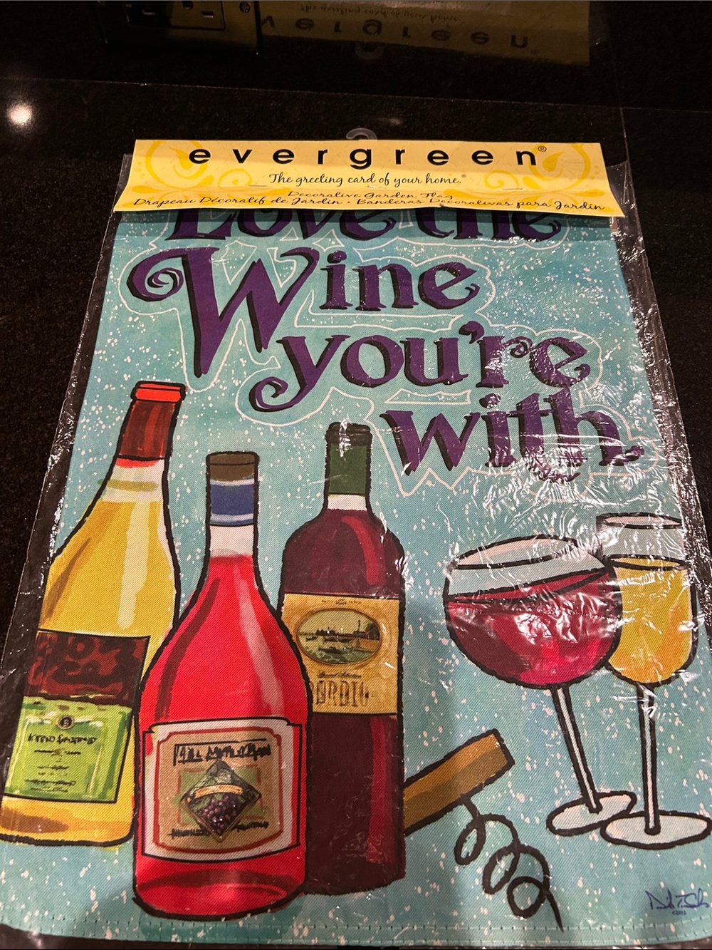 Kitchen Wall Flag - 'Love the Wine You're With' Teal Decorative Banner